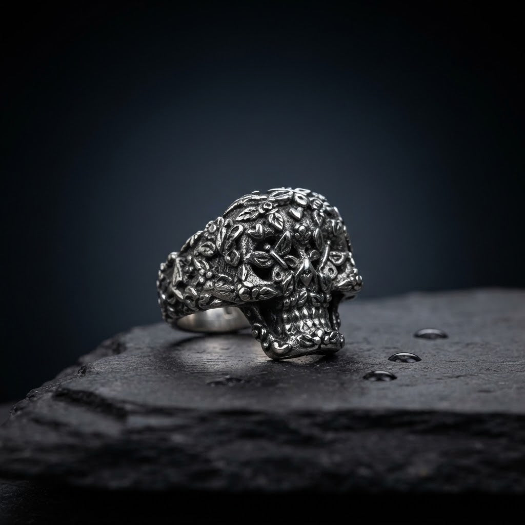 Anillo Calavera Florida - Plata 925