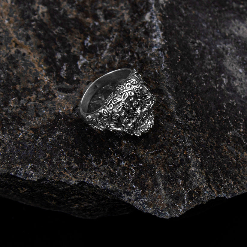 Anillo Calavera Florida - Plata 925