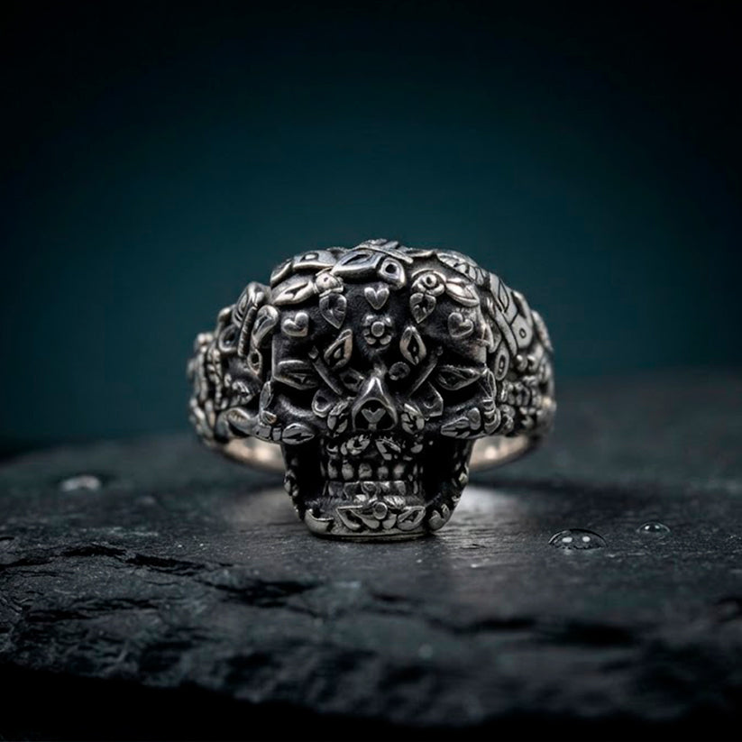 Anillo Calavera Florida - Plata 925
