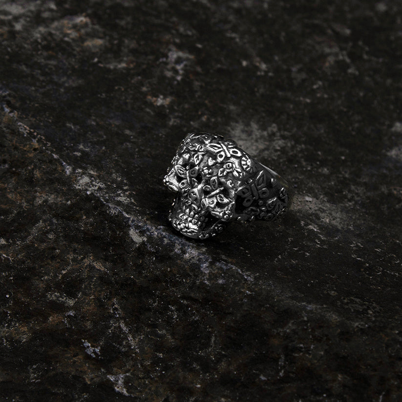 Anillo Calavera Florida - Plata 925
