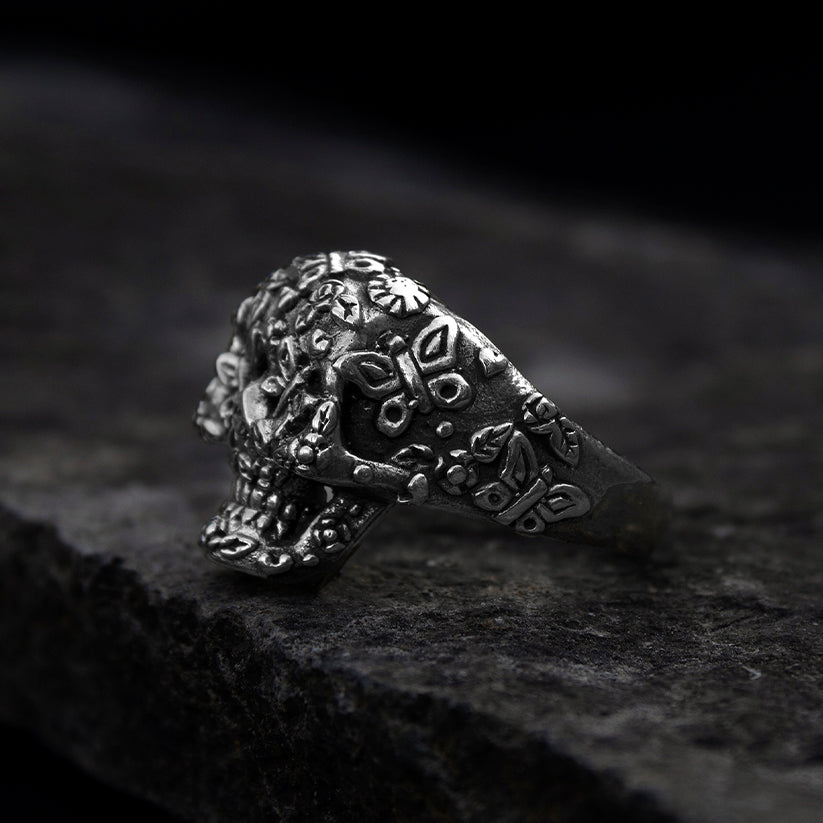 Anillo Calavera Florida - Plata 925